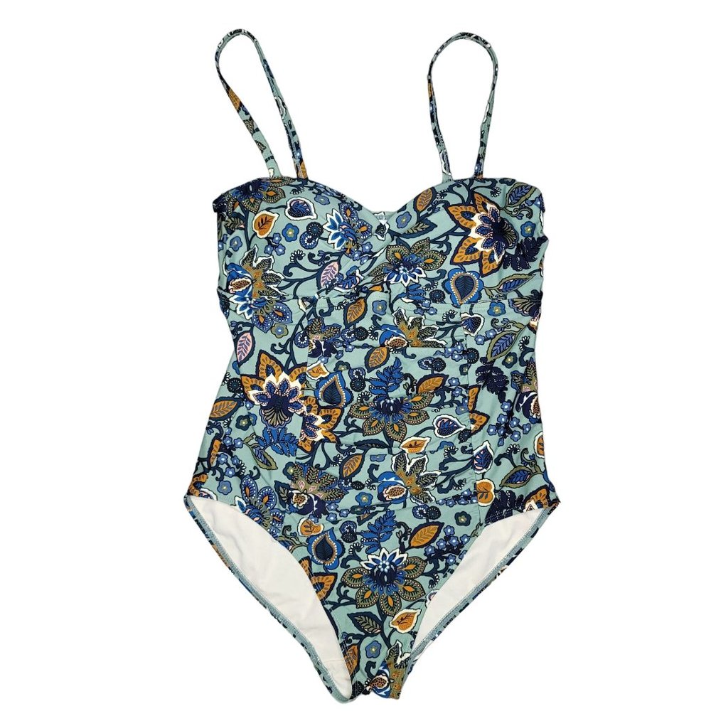 Tahiti boho floral one piece swimsuit floral blue yellow tan size Large 12-14